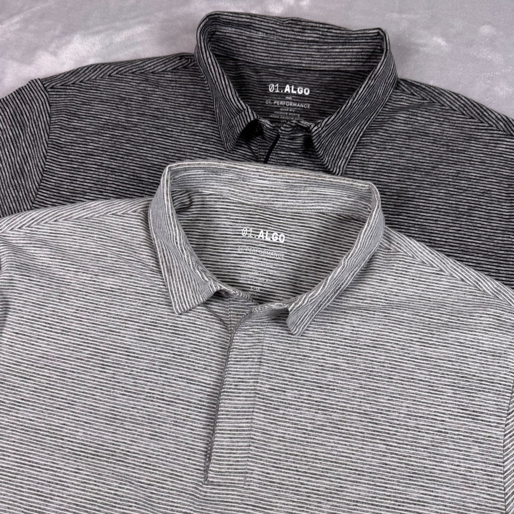 01.Algo Mens Performance Polo Shirts Lot of 2 Grey & Black Stripped Size L*